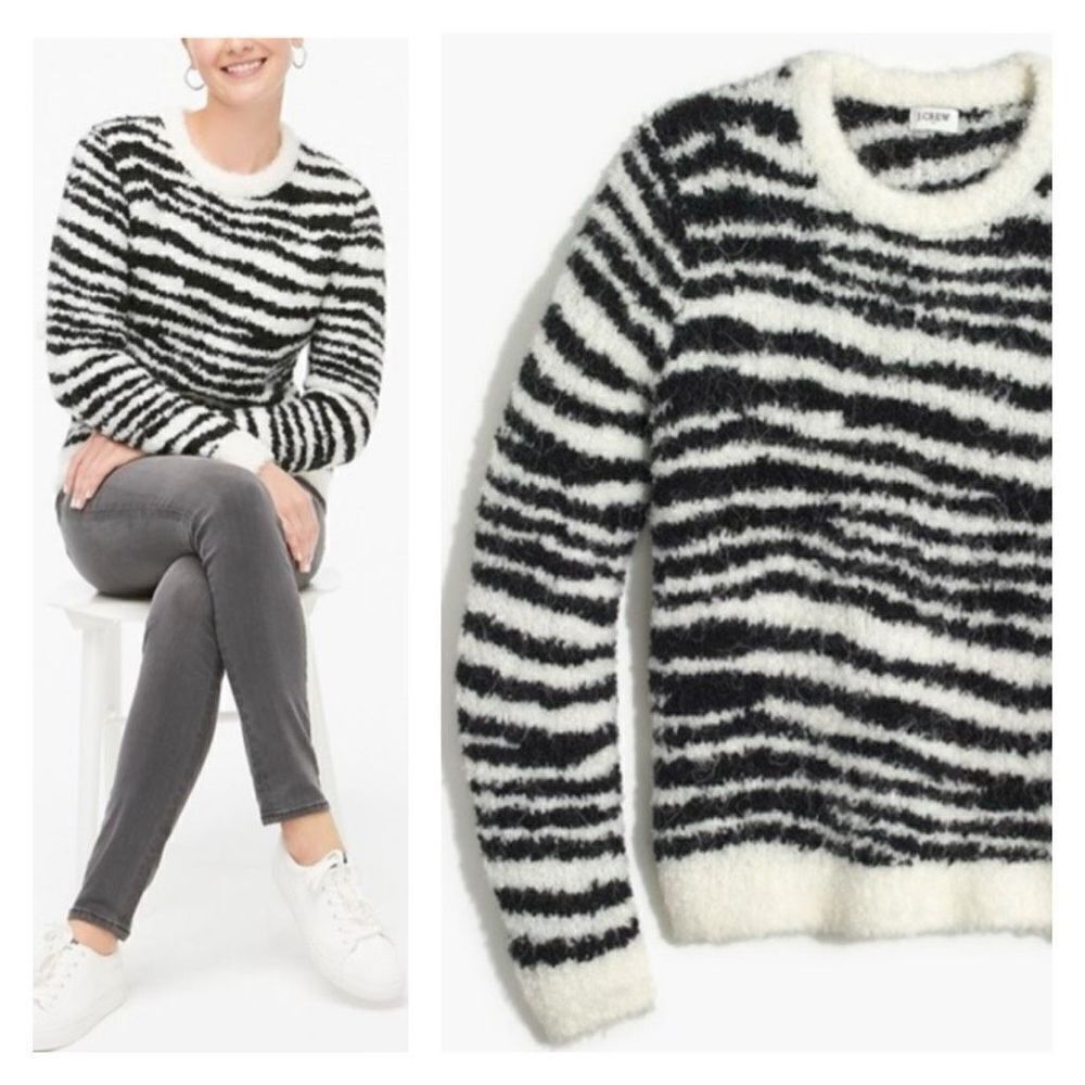 J. Crew Women's Boucle Zebra Striped Sweater Black Ivory Size Medium wool alpaca